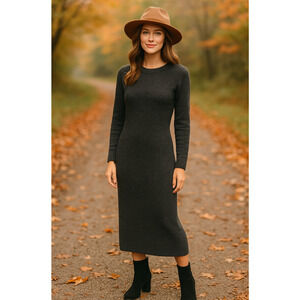 Jenni Kayne XS Long Sleeve Ribbed Sweater Dress 100% Wool Midi Charcoal Gray